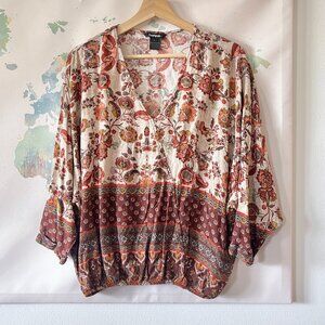 Desigual Top Boho Floral Blouse Cream Red Flowy V-Neck 3/4 Sleeves Size Large